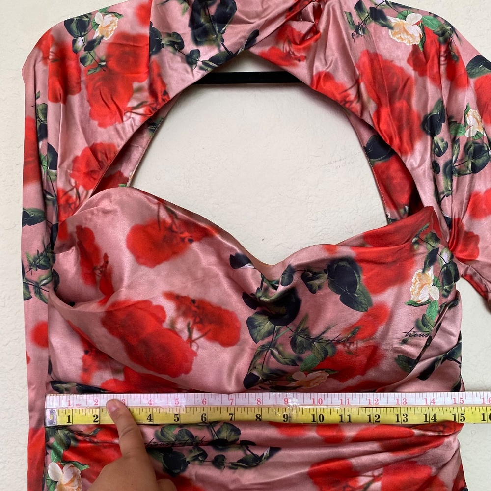 House of CB ‘Toira’ Satin Rose Print draped corset mini dress NWOT size L - Picture 4 of 15